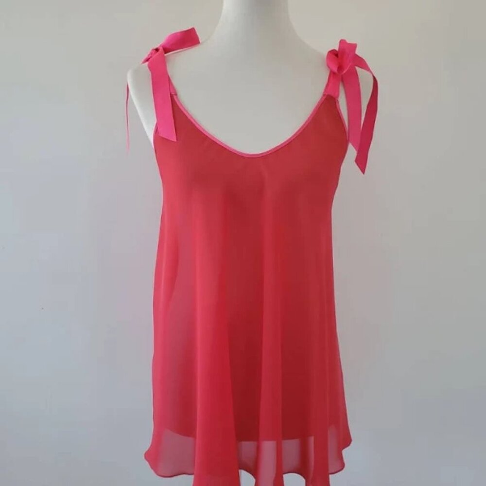 Victorias Secret Slip Babydoll Nightgown Pajamas Red Pink Tie Strap Bows - Large